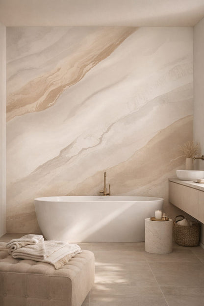 Neutral luxe, warm gray marble veining featuring soft beige wash - Wall Mural Peel and Stick Wallpaper for Luxury Contemporary Luxury Bathroom.