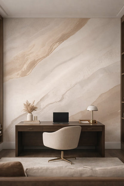 Minimalist neutral marble veining featuring soft beige wash - Wall Mural Peel and Stick Wallpaper for Minimalist Executive Home Office.