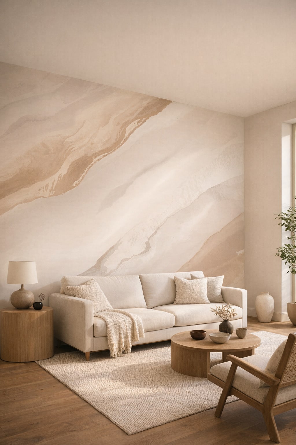 Japandi sand-tone marble veining featuring soft beige wash - Wall Mural Peel and Stick Wallpaper for Japandi Living Room.