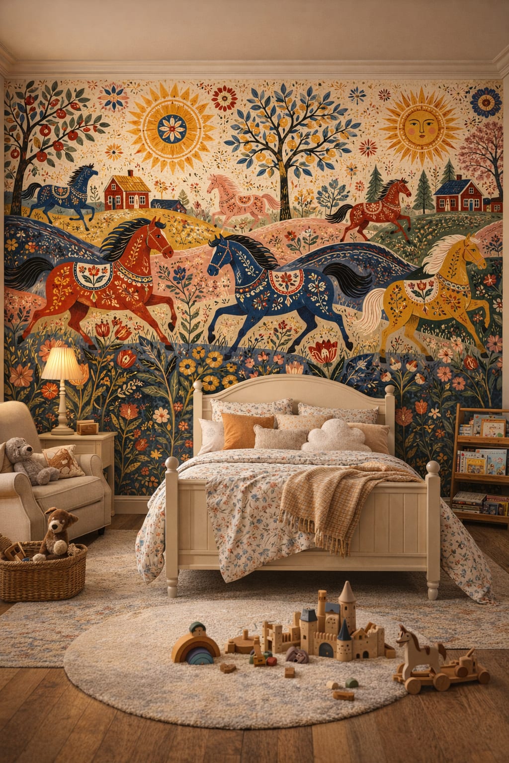 Dusty rose Classic Storybook horse featuring garden florals - Wall Mural Peel and Stick Wallpaper for Classic Storybook Kids Bedroom.