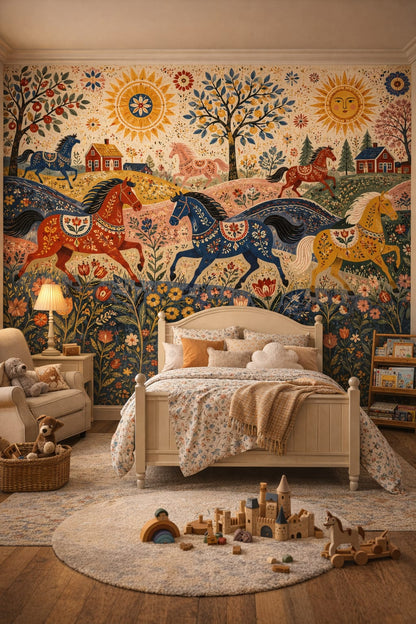 Dusty rose Classic Storybook horse featuring garden florals - Wall Mural Peel and Stick Wallpaper for Classic Storybook Kids Bedroom.
