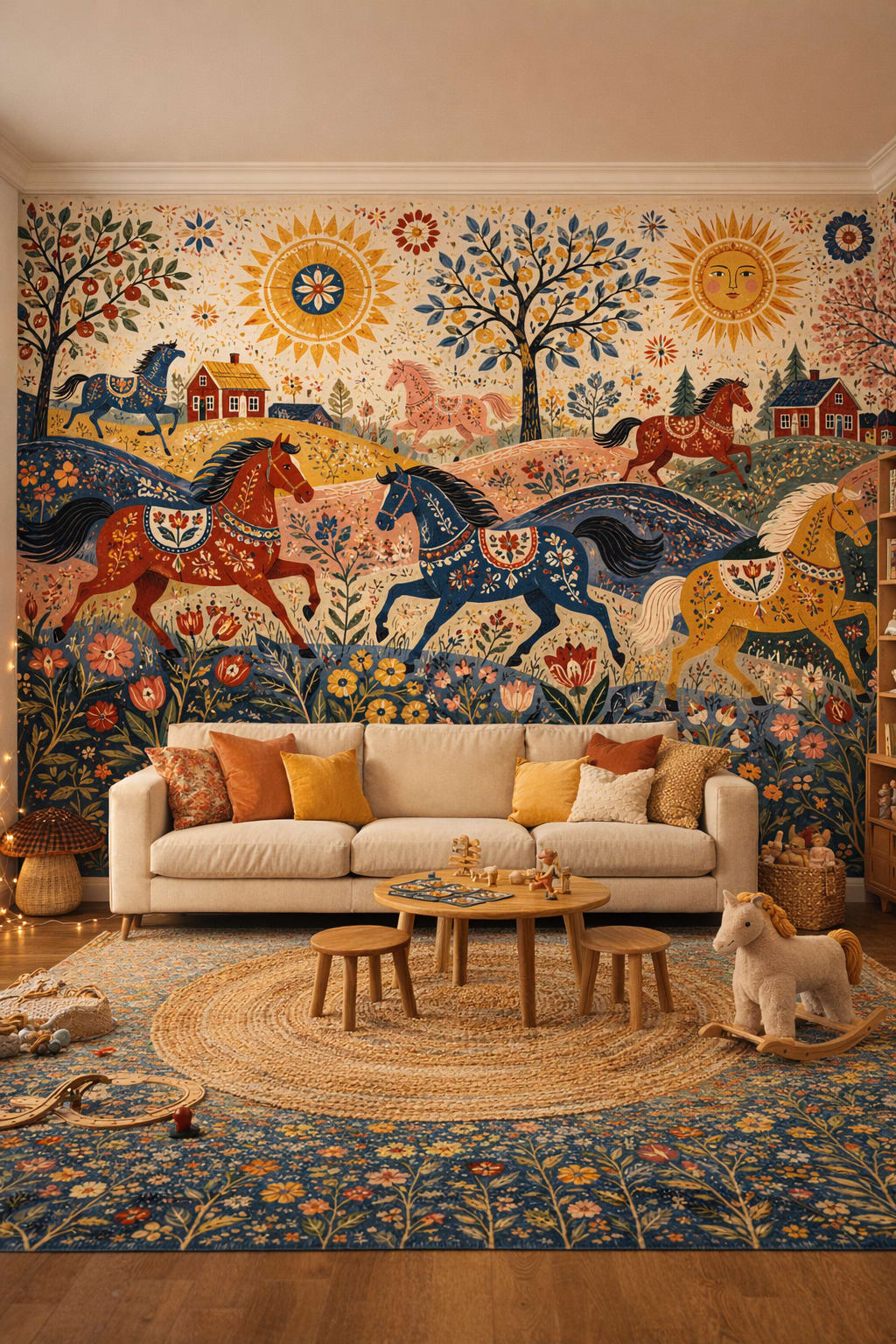 Whimsical Boho Terracotta horse featuring country houses - Wall Mural Peel and Stick Wallpaper for Whimsical Boho Playroom.