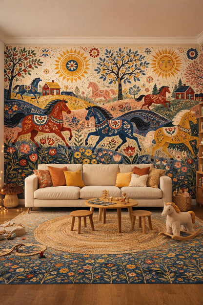 Whimsical Boho Terracotta horse featuring country houses - Wall Mural Peel and Stick Wallpaper for Whimsical Boho Playroom.