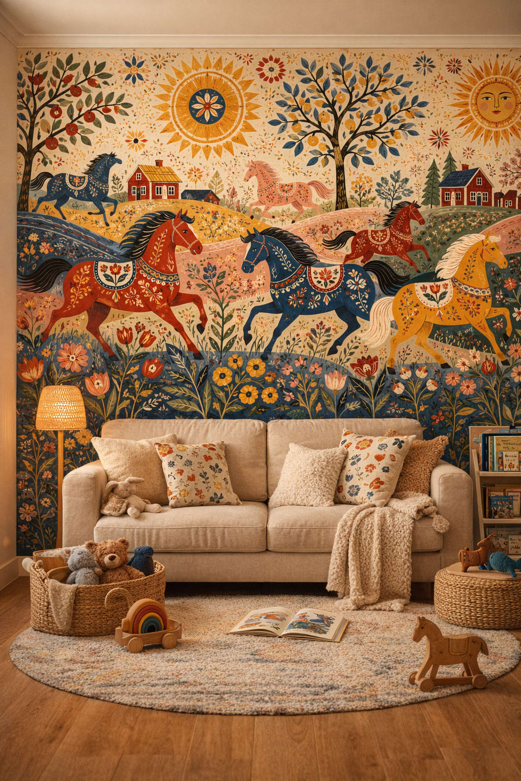 White birch Scandi Kids horse featuring garden florals - Wall Mural Peel and Stick Wallpaper for Scandi Kids Reading Corner.