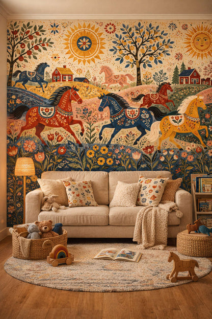 White birch Scandi Kids horse featuring garden florals - Wall Mural Peel and Stick Wallpaper for Scandi Kids Reading Corner.