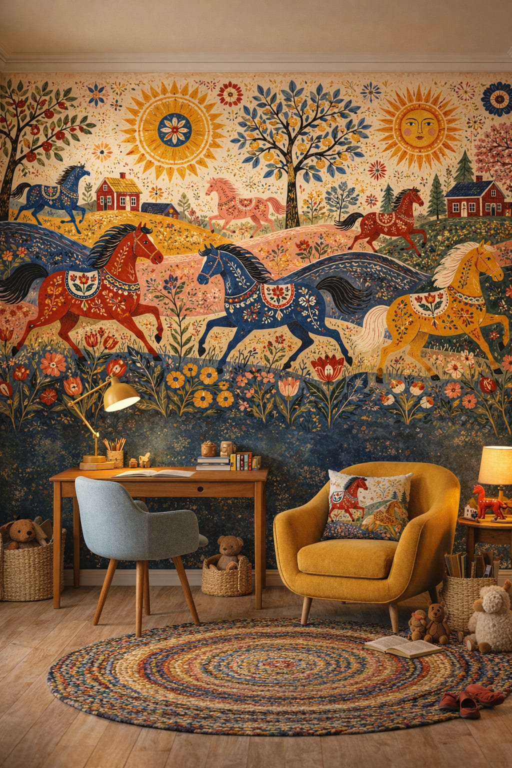 Mid-century Kids teal-orange horse featuring garden florals - Wall Mural Peel and Stick Wallpaper for Mid-century Kids Homework / Study Corner.