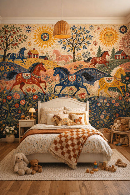 English Garden green rose horse featuring garden florals - Wall Mural Peel and Stick Wallpaper for English Garden Nursery Kids Bedroom.