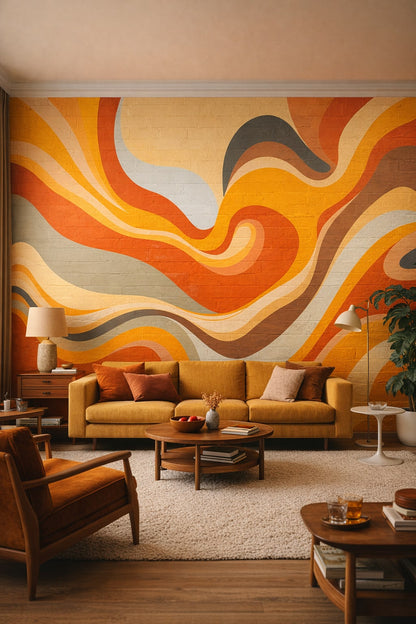 Mustard terracotta 1970s Retro retro abstract waves - Wall Mural Peel and Stick Wallpaper for 1970s Retro Living Room.