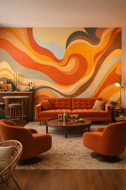 Palm Springs (Mid-century), pink-aqua retro abstract waves - Wall Mural Peel and Stick Wallpaper for Palm Springs (Mid-century) Bar/Lounge.