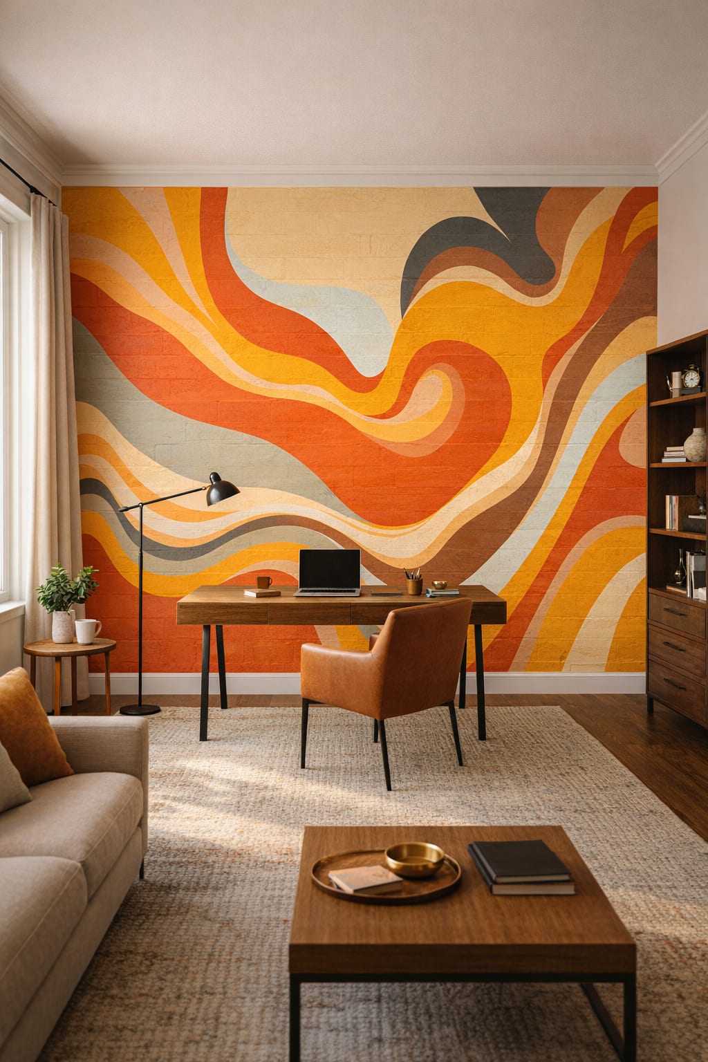 Urban Modern monochrome retro abstract waves - Wall Mural Peel and Stick Wallpaper for Urban Modern Executive Home Office.
