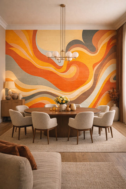 Contemporary neutral-accent retro abstract waves - Wall Mural Peel and Stick Wallpaper for Contemporary Formal Dining Room.