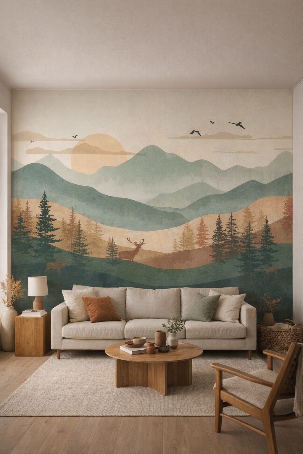 Sand-toned minimalist mountain landscape featuring pine forest - Wall Mural Peel and Stick Wallpaper for Japandi Living Room.