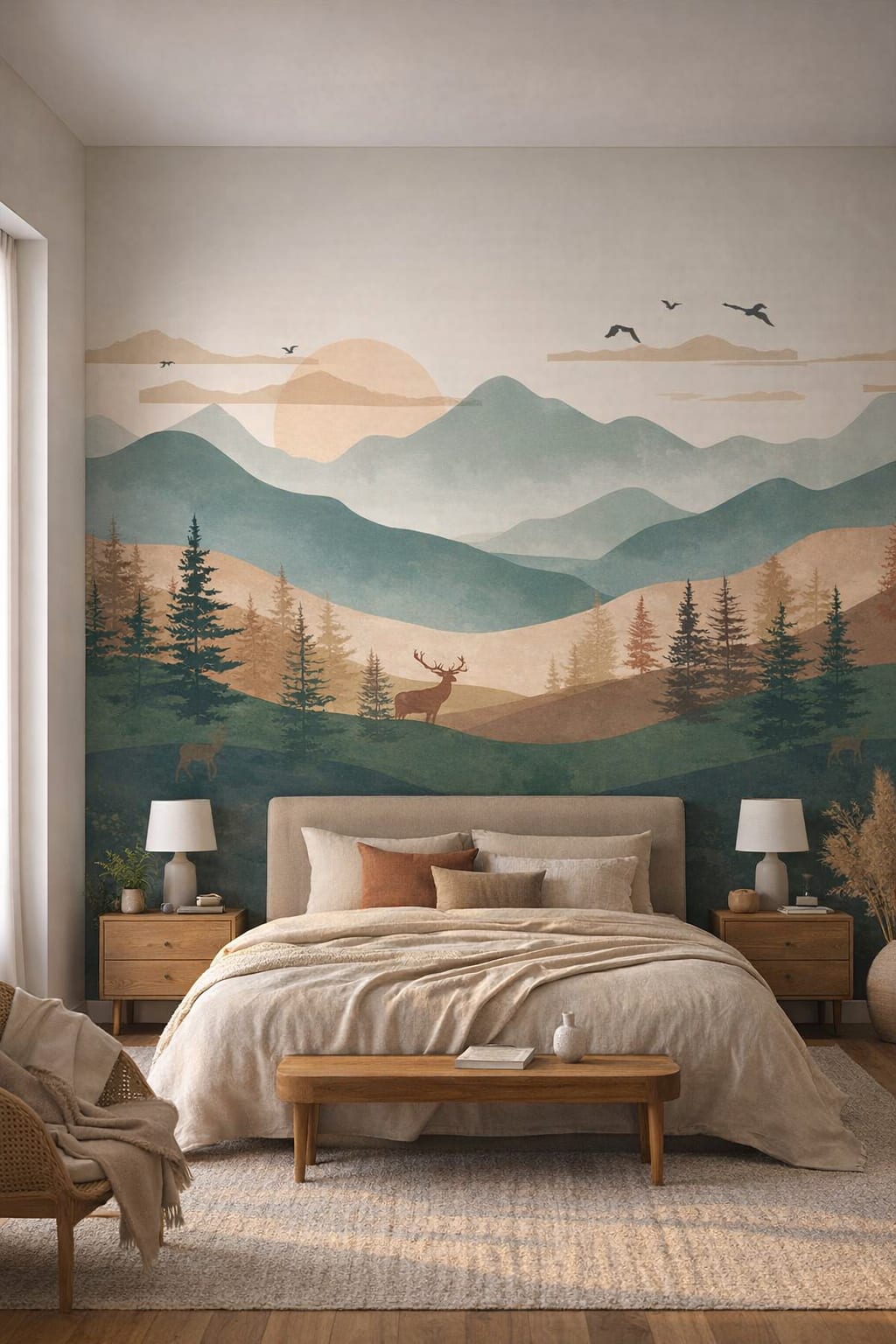 Organic Modern cream-toned mountain landscape featuring deer - Wall Mural Peel and Stick Wallpaper for Organic Modern Master Bedroom.