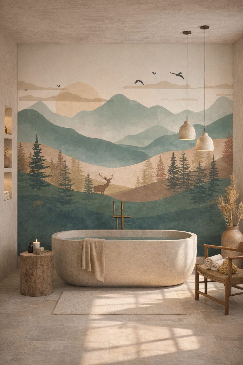 Wabi-sabi muted earth tones mountain landscape featuring birds - Wall Mural Peel and Stick Wallpaper for Wabi-sabi Luxury Bathroom.