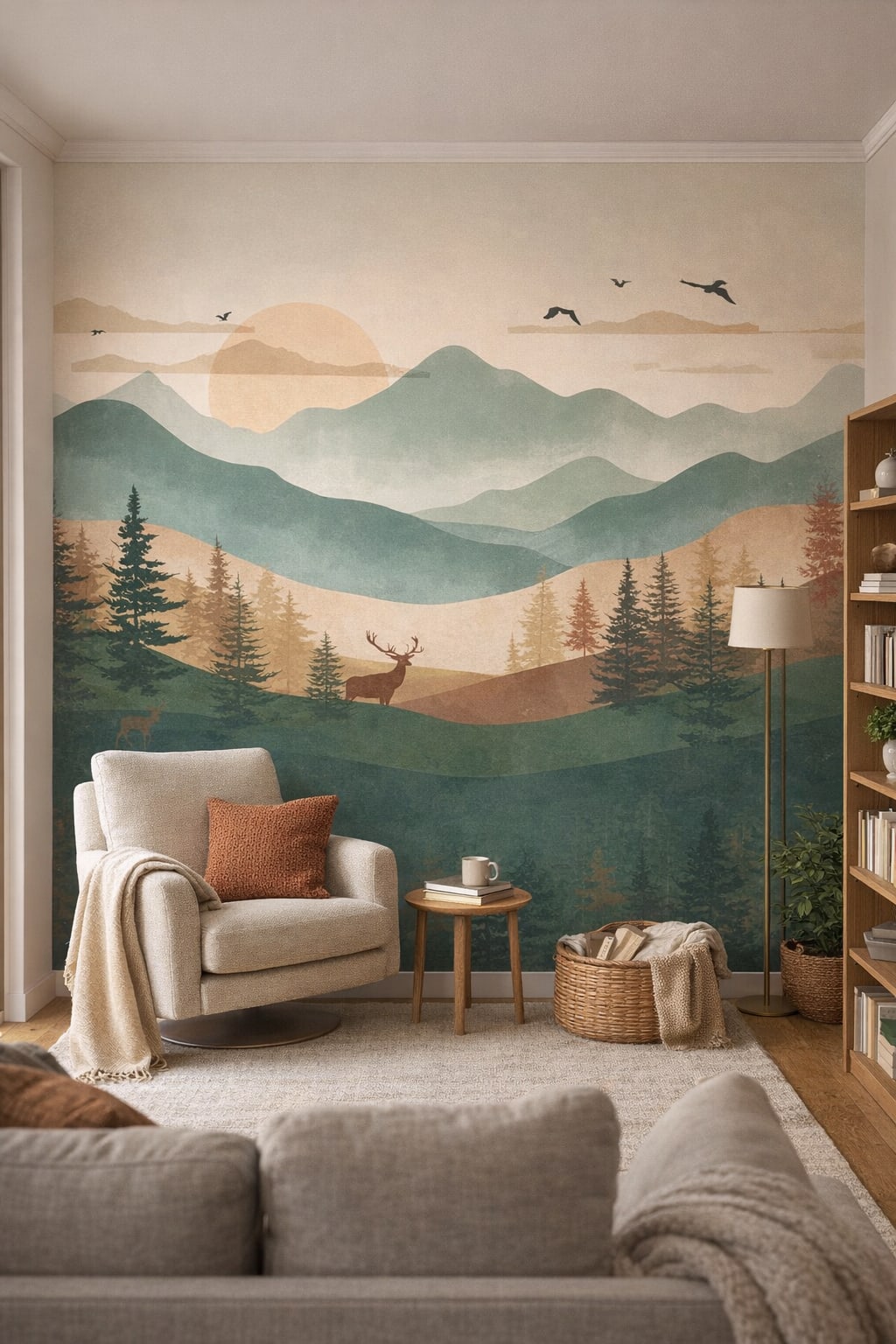 Scandinavian neutral mountain landscape featuring pine forest - Wall Mural Peel and Stick Wallpaper for Scandinavian Reading Nook.