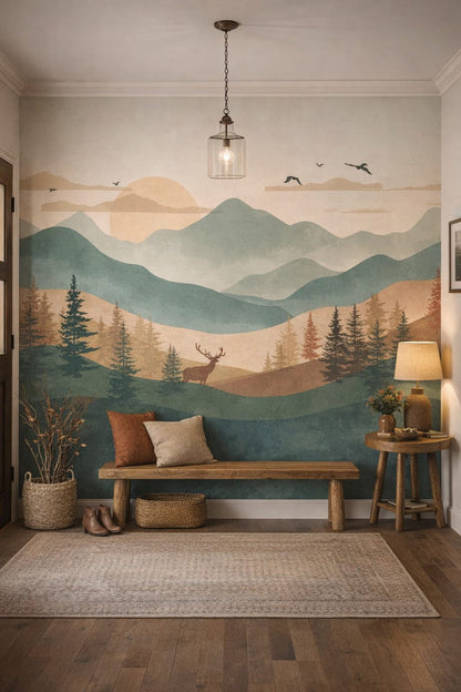 Rustic Modern sand-toned mountain landscape featuring birds - Wall Mural Peel and Stick Wallpaper for Rustic Modern Entry Hall / Foyer.