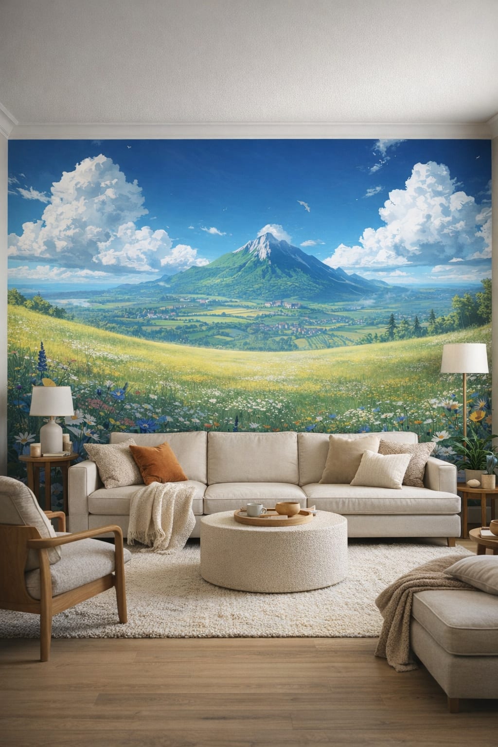 Cream-sand Organic Modern mountain landscape featuring cloudy sky - Wall Mural Peel and Stick Wallpaper for Organic Modern Living Room.