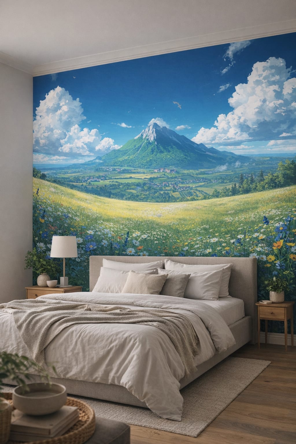 Sand-toned Japandi mountain landscape featuring cloudy sky - Wall Mural Peel and Stick Wallpaper for Japandi Master Bedroom.