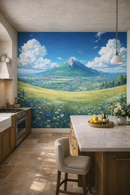 Mediterranean Modern blue-white mountain landscape featuring cloudy sky - Wall Mural Peel and Stick Wallpaper for Mediterranean Modern High-end Kitchen.