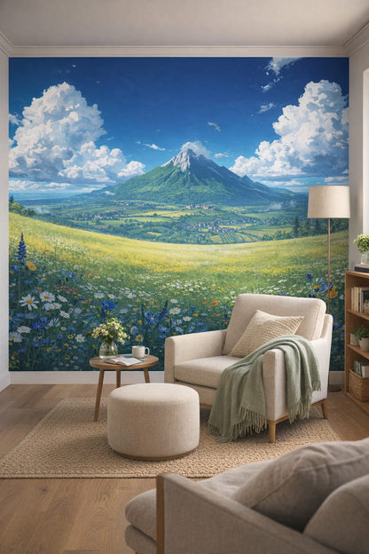 Scandinavian white-gray mountain landscape featuring cloudy sky - Wall Mural Peel and Stick Wallpaper for Scandinavian Reading Corner.