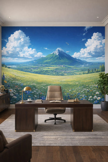 Neutral stone, Luxury Contemporary mountain landscape featuring cloudy sky - Wall Mural Peel and Stick Wallpaper for Luxury Contemporary Executive Home Office.