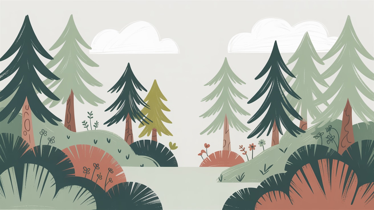 Calming playful Sage Green forest landscape featuring pine trees and clouds - Wall Mural & Peel and Stick Wallpaper for Scandi Nursery or Kids Room.