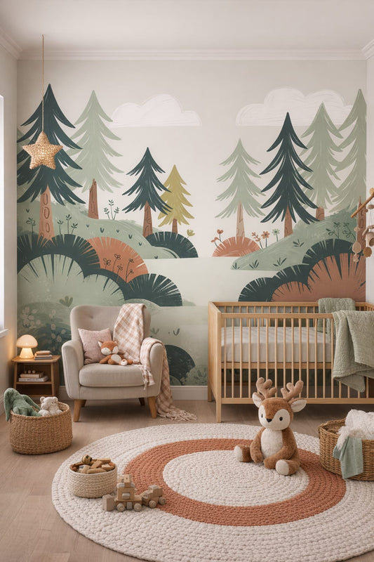 Woodland moss-green forest landscape featuring pine trees - Wall Mural Peel and Stick Wallpaper for Woodland / Forest Nursery.