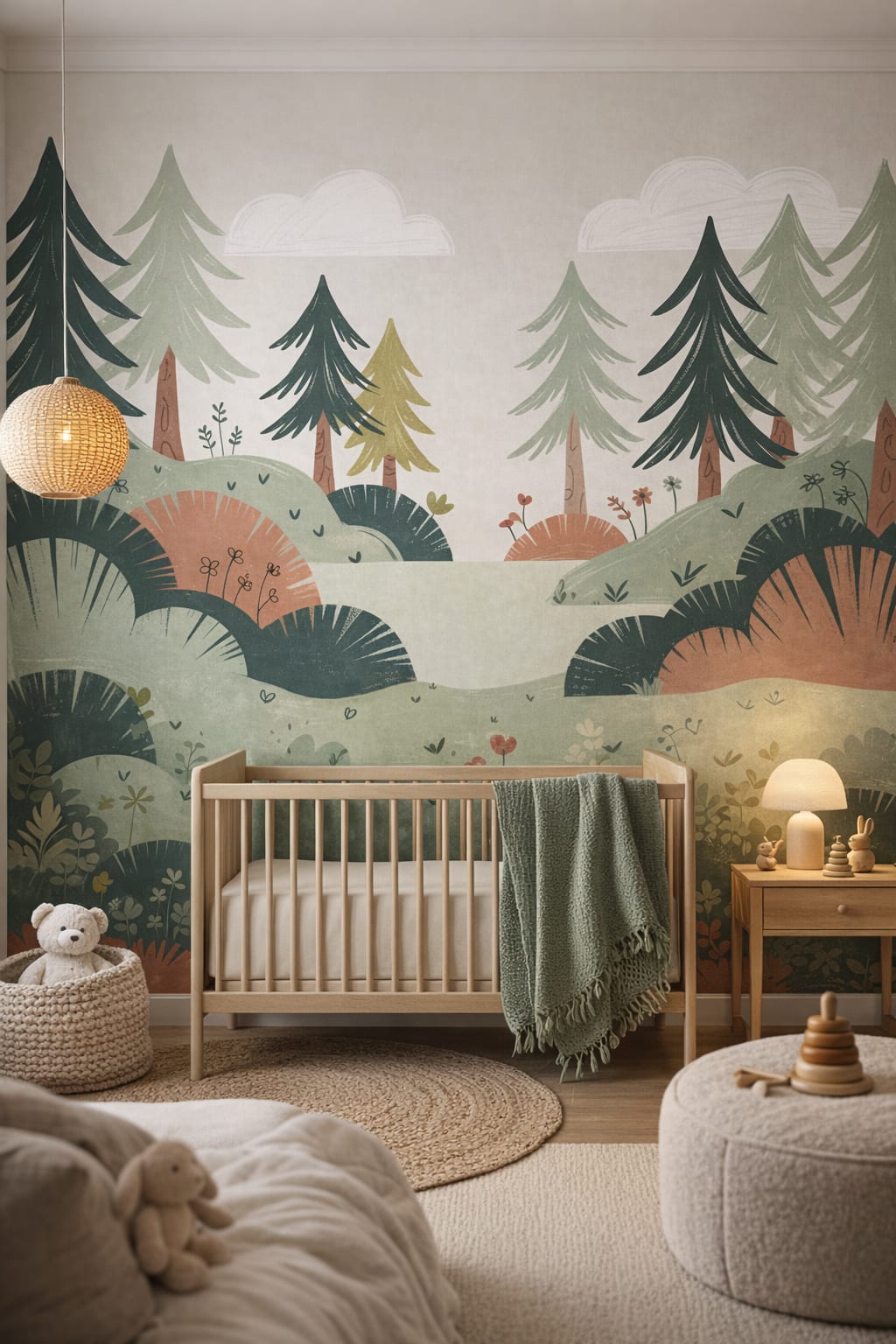 Scandi Kids minimal, white-gray forest landscape featuring pine trees - Wall Mural Peel and Stick Wallpaper for Scandi Kids Nursery.