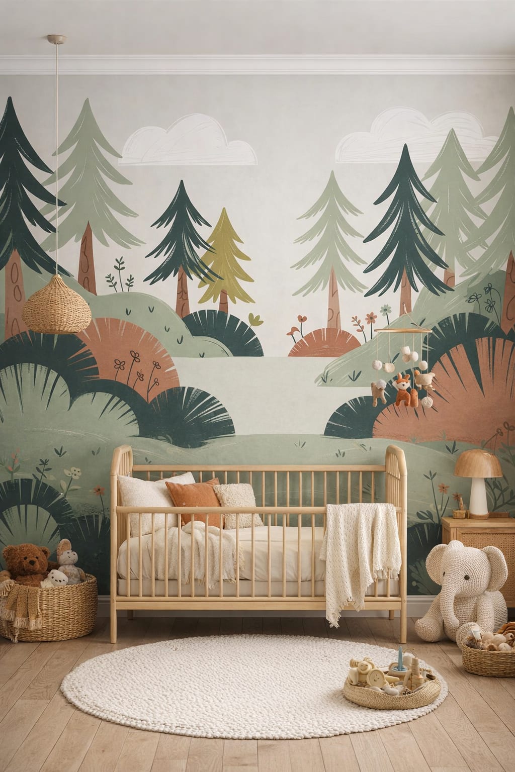 Whimsical Boho sage forest landscape featuring pine trees - Wall Mural Peel and Stick Wallpaper for Whimsical Boho Nursery.