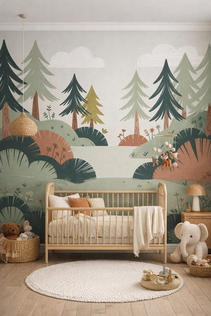 Whimsical Boho sage forest landscape featuring pine trees - Wall Mural Peel and Stick Wallpaper for Whimsical Boho Nursery.