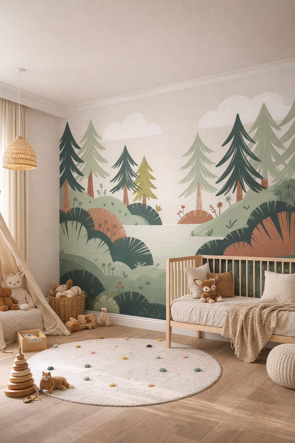 Modern Montessori, neutral-primary forest landscape featuring pine trees - Wall Mural Peel and Stick Wallpaper for Modern Montessori Nursery.