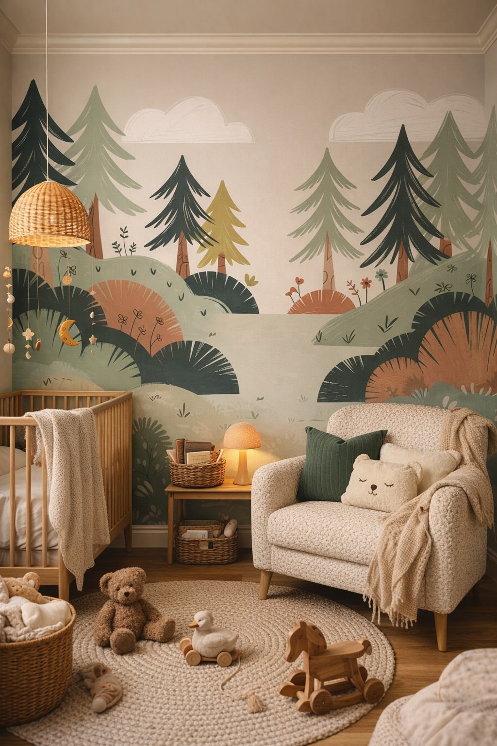 Cozy cream, soft gray forest landscape featuring pine trees - Wall Mural Peel and Stick Wallpaper for Hygge Nursery.