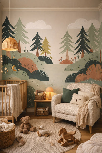 Cozy cream, soft gray forest landscape featuring pine trees - Wall Mural Peel and Stick Wallpaper for Hygge Nursery.