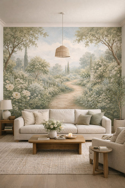 Organic Modern cream-toned garden landscape featuring winding path - Wall Mural Peel and Stick Wallpaper for Organic Modern Living Room.