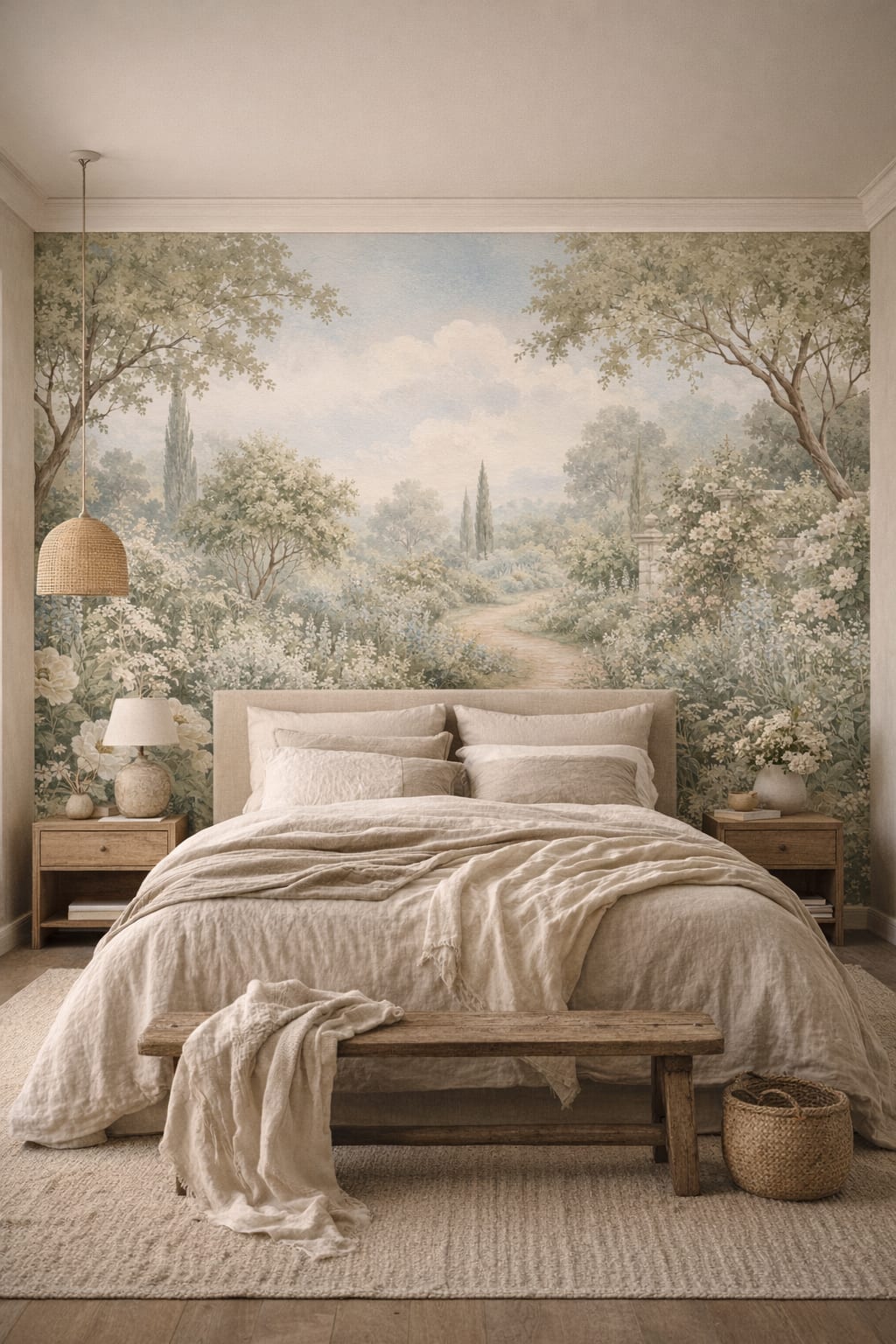 Wabi-sabi muted-earth garden landscape featuring winding path - Wall Mural Peel and Stick Wallpaper for Wabi-sabi Master Bedroom.