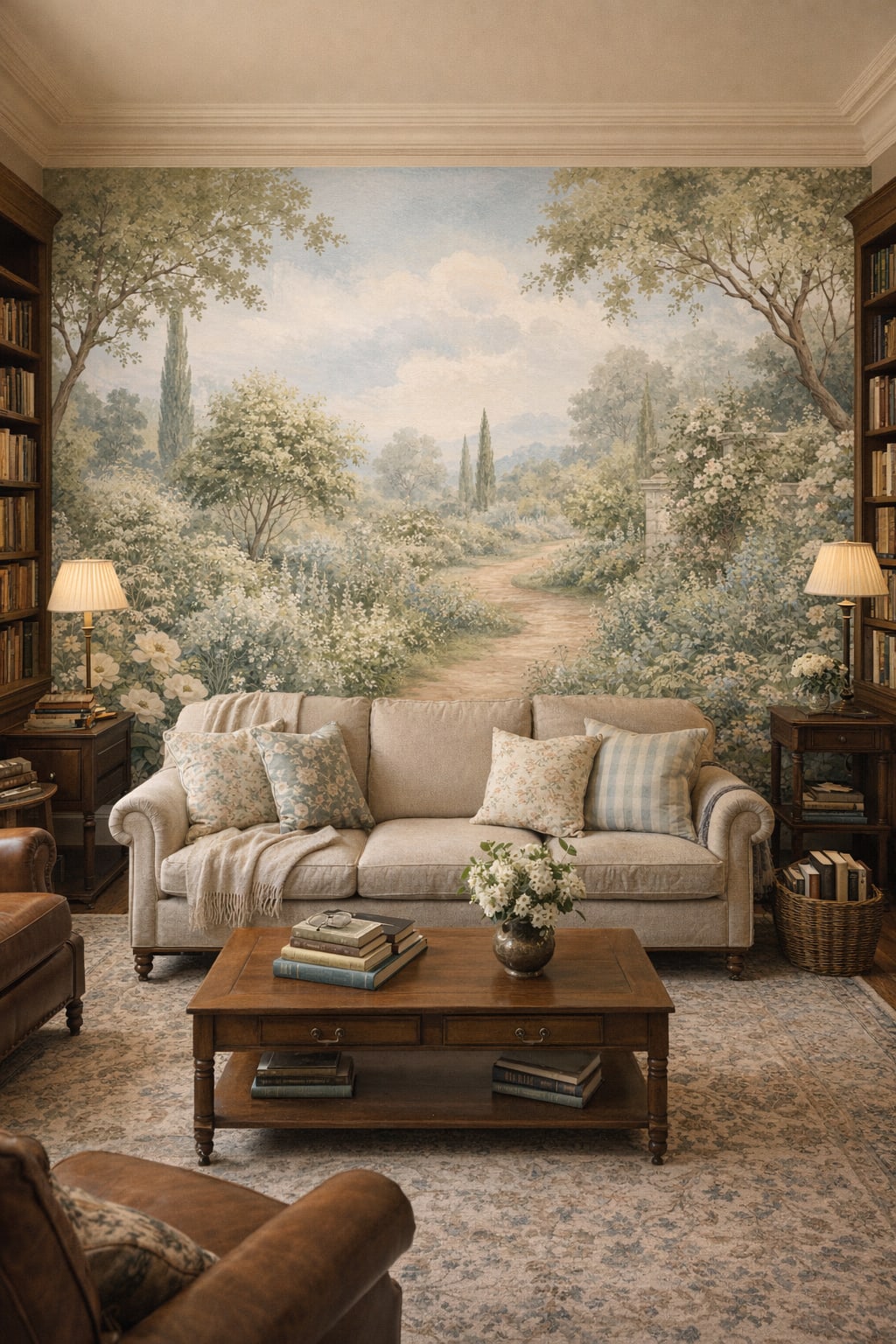 Cream cottage garden landscape featuring winding path - Wall Mural Peel and Stick Wallpaper for English Cottage Home Library.