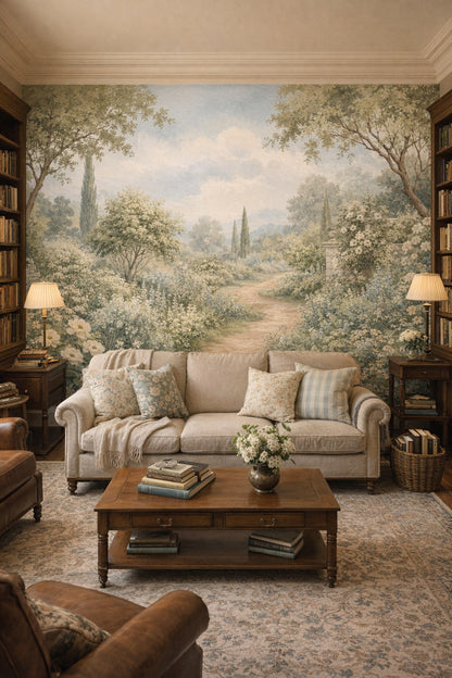 Cream cottage garden landscape featuring winding path - Wall Mural Peel and Stick Wallpaper for English Cottage Home Library.