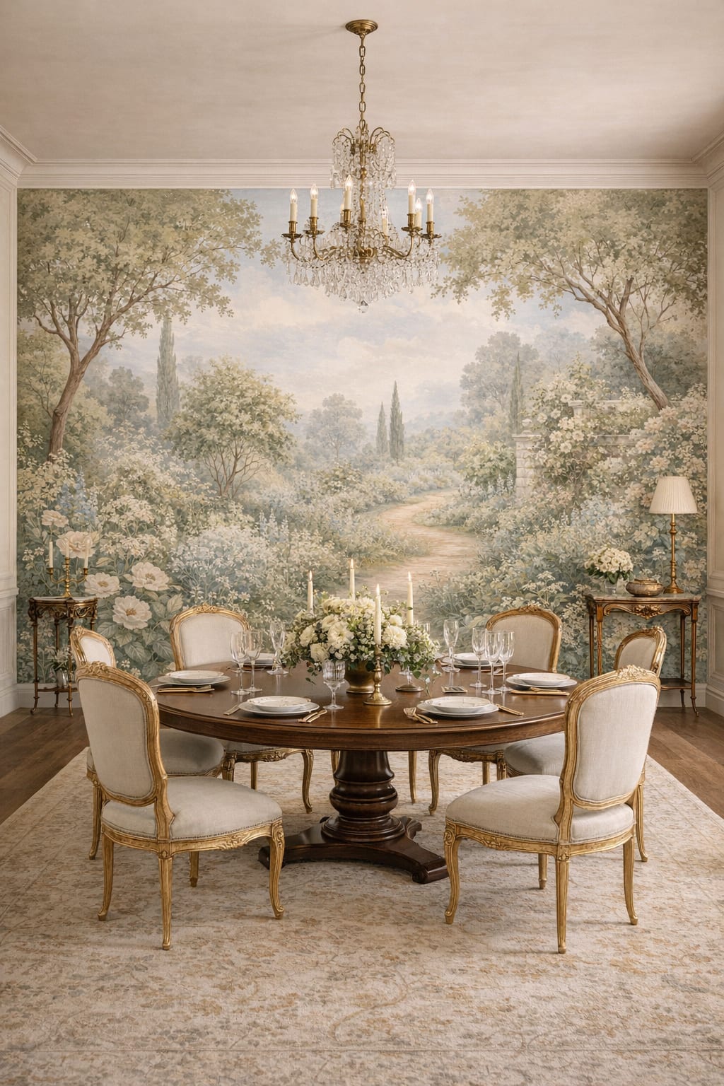 Parisian gold garden landscape featuring winding path - Wall Mural Peel and Stick Wallpaper for Parisian Formal Dining Room.