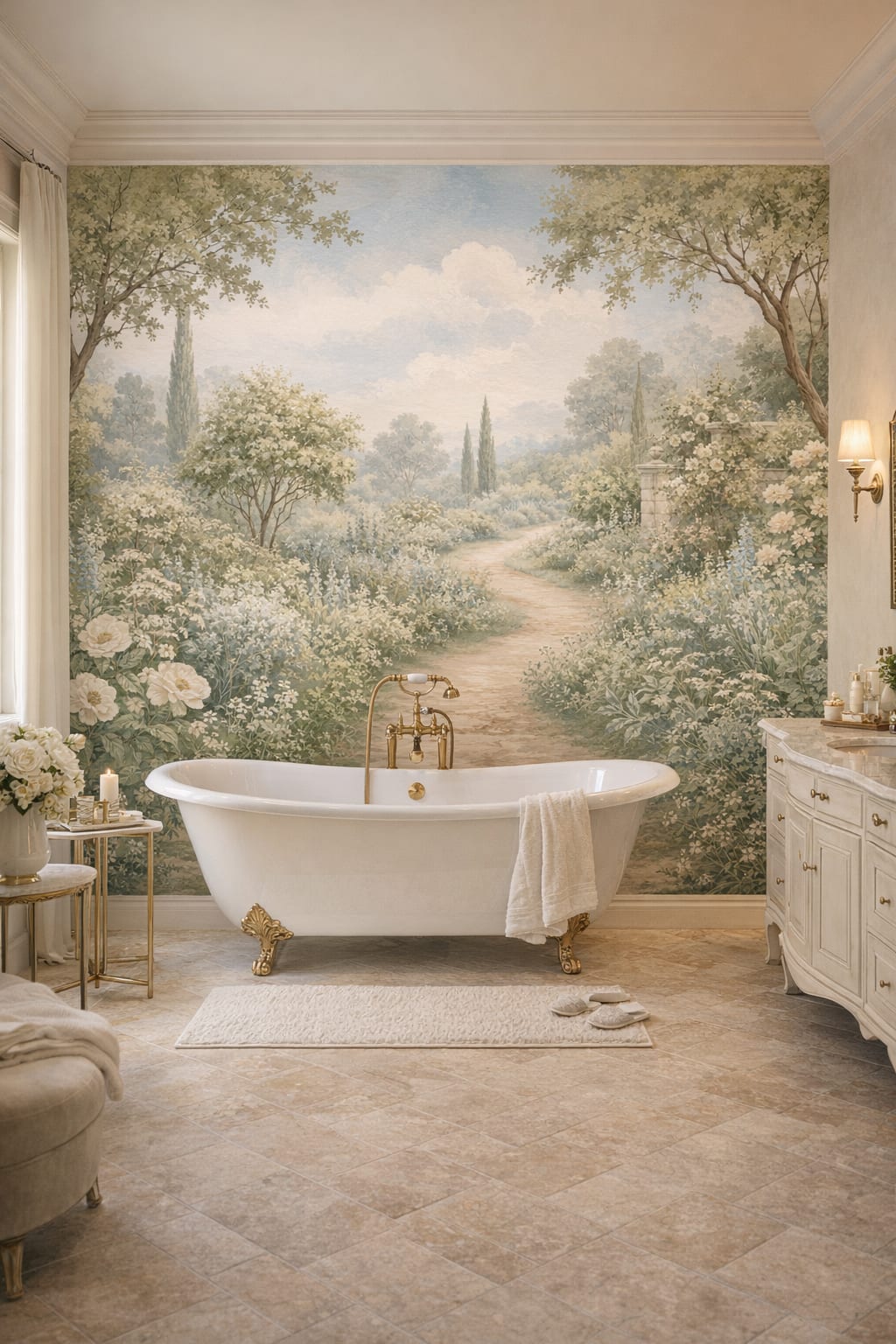 Art Nouveau cream-green garden landscape featuring winding path - Wall Mural Peel and Stick Wallpaper for Art Nouveau Luxury Bathroom.