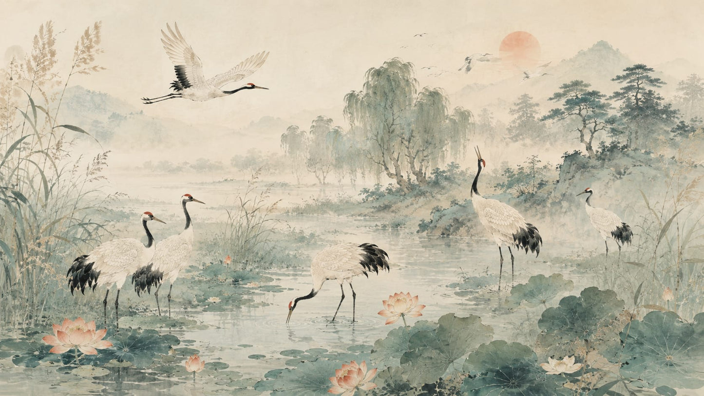 Serene Watercolor Sage Green Cranes featuring lotus flowers and mountain landscape - Wall Mural & Peel and Stick Wallpaper for Watercolor Interiors and Premium Home Styling