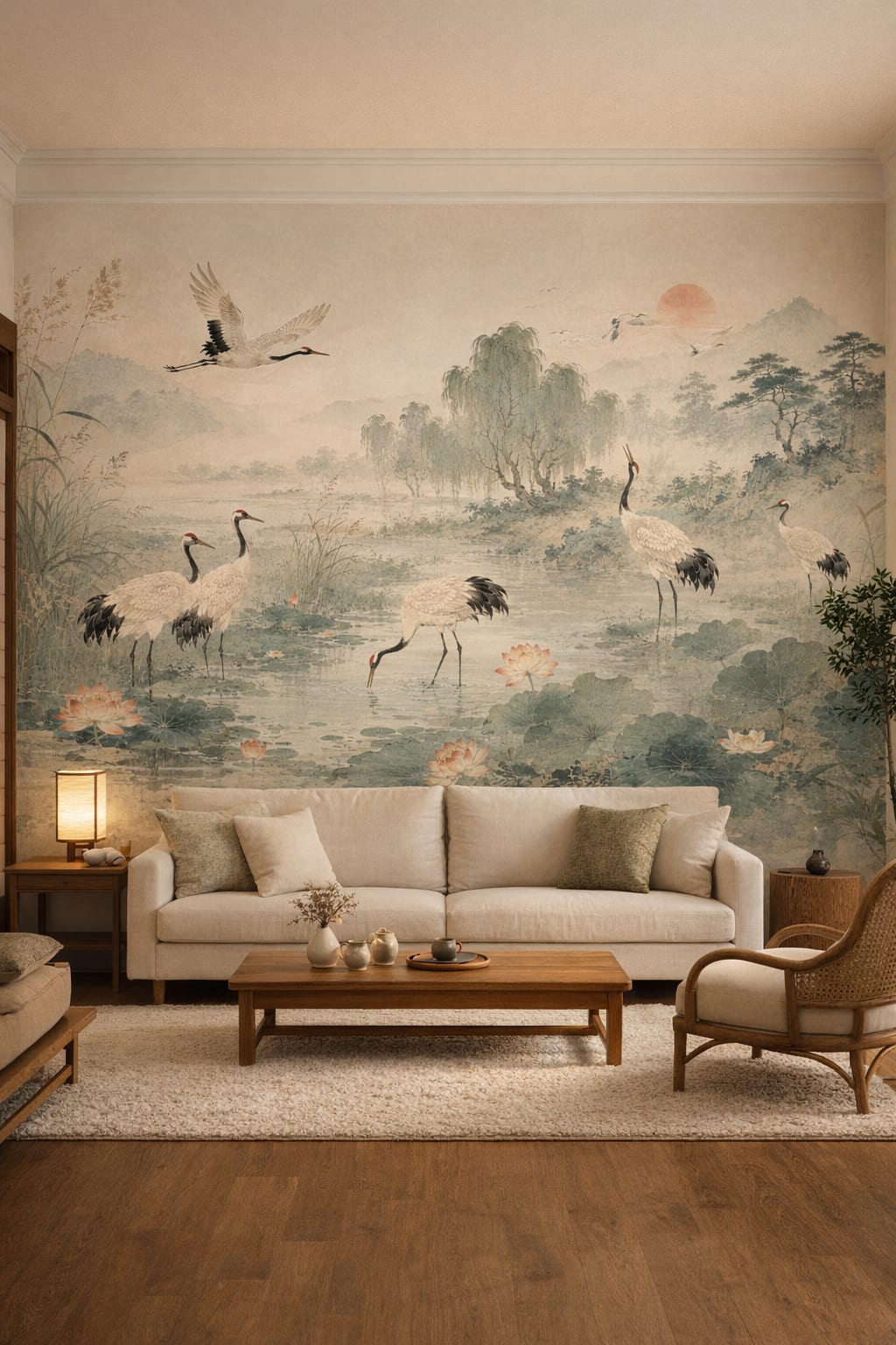 Traditional Japanese neutral cranes featuring lotus flowers - Wall Mural Peel and Stick Wallpaper for Traditional Japanese Living Room.
