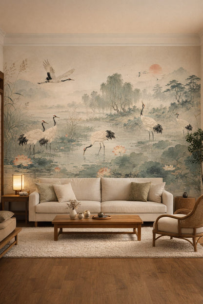 Traditional Japanese neutral cranes featuring lotus flowers - Wall Mural Peel and Stick Wallpaper for Traditional Japanese Living Room.