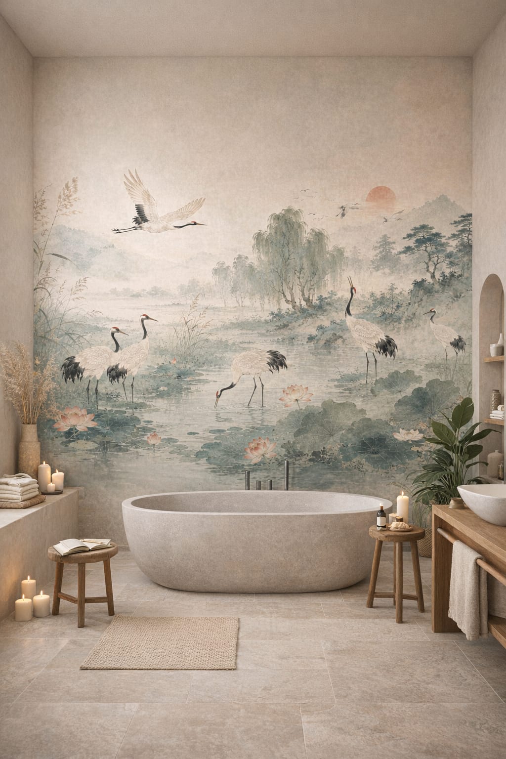 Zen soft-neutral cranes featuring lotus flowers - Wall Mural Peel and Stick Wallpaper for Zen Luxury Bathroom.