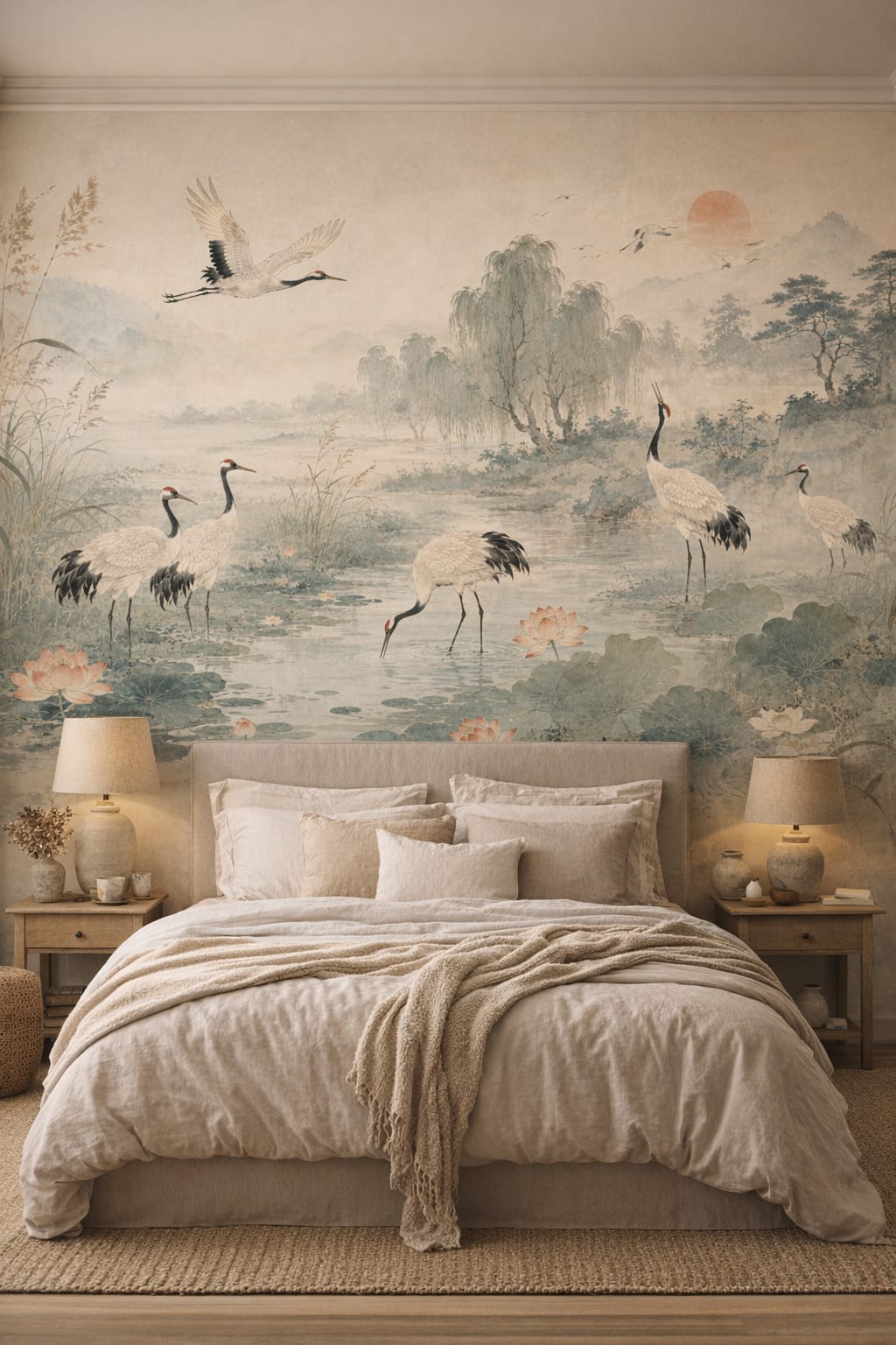 Wabi-sabi muted-earth cranes featuring lotus flowers - Wall Mural Peel and Stick Wallpaper for Wabi-sabi Master Bedroom.