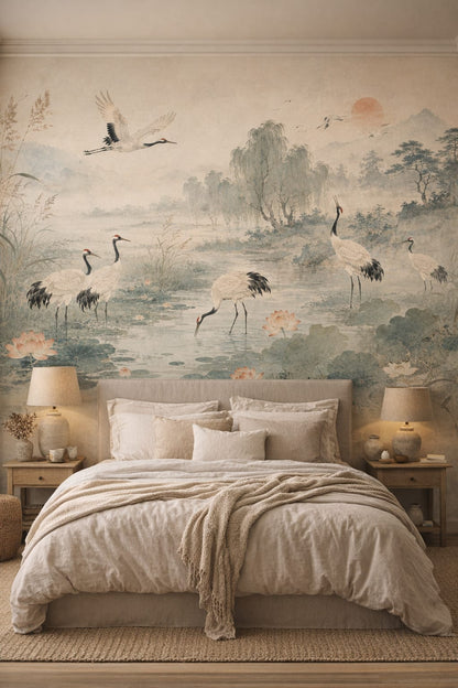 Wabi-sabi muted-earth cranes featuring lotus flowers - Wall Mural Peel and Stick Wallpaper for Wabi-sabi Master Bedroom.