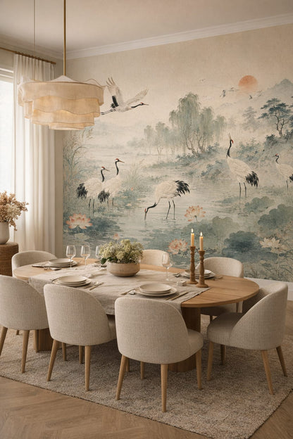 Cream sand Organic Modern cranes featuring lotus flowers - Wall Mural Peel and Stick Wallpaper for Organic Modern Formal Dining Room.