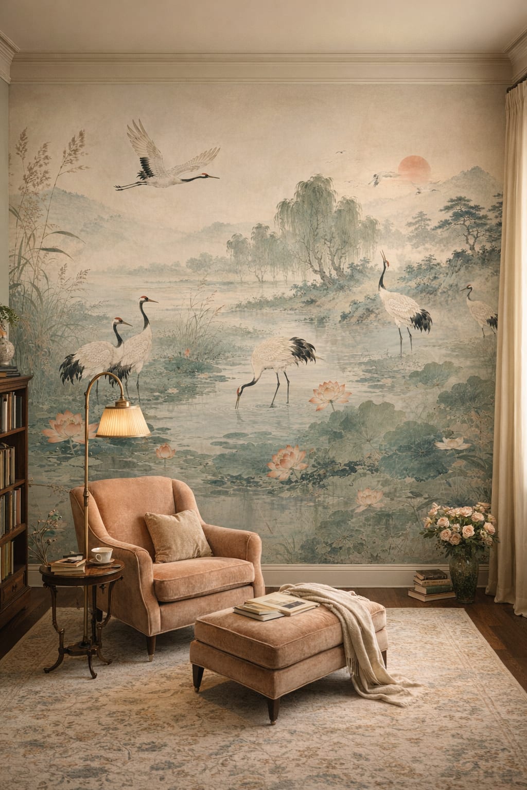 Art Nouveau green cream cranes featuring lotus flowers - Wall Mural Peel and Stick Wallpaper for Art Nouveau Reading Corner.