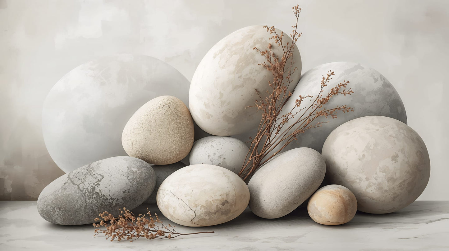 Calming minimalist Warm Beige stacked stones featuring dried branches - Wall Mural & Peel and Stick Wallpaper for Minimalist Interiors and Premium Home Styling.