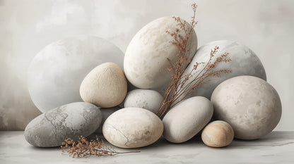 Calming minimalist Warm Beige stacked stones featuring dried branches - Wall Mural & Peel and Stick Wallpaper for Minimalist Interiors and Premium Home Styling.