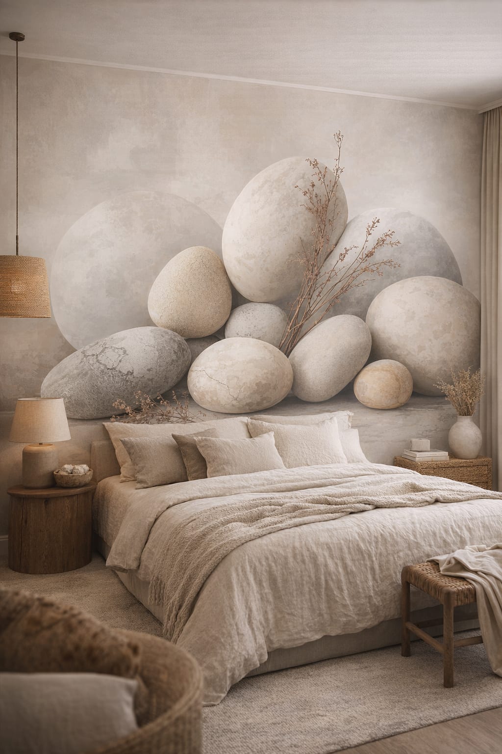 Wabi-sabi earthy-toned stacked stones featuring dried branches - Wall Mural Peel and Stick Wallpaper for Wabi-sabi Master Bedroom.